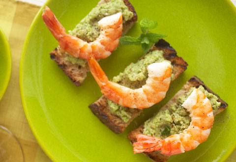 Daring Pairing: David Kinch's Shrimp tartine with fava bean, almond and mint pesto