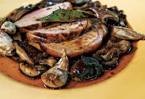 Eric Ripert's ROASTED PORK LOIN WITH WILD MUSHROOMS, GARLIC AND SAGE PAN JUS 