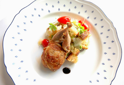 Pancetta Wrapped Quail on Panzanella (Seasonal)