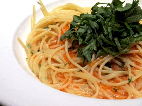 Spaghetti with Tobiko and Shiso