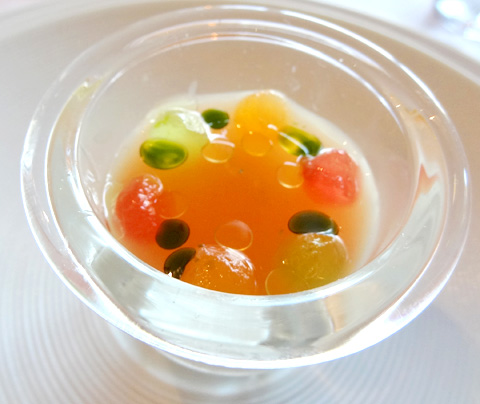 Atlantic Fluke Tartare, Compressed Summer Melons Soft “Tofu” and Kanzuri 