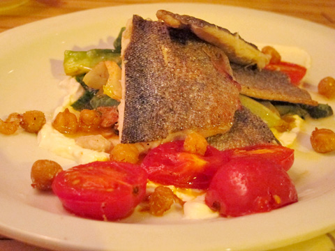 Grilled Trout with Fried Chickpeas, Escarole and Tomato