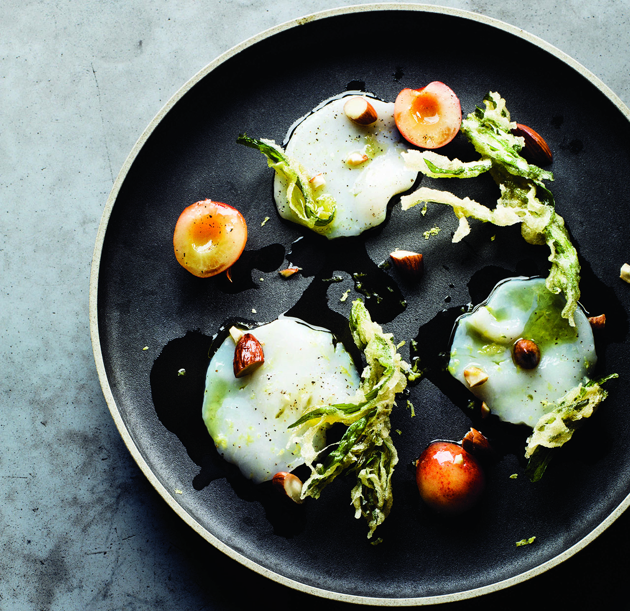 Marinated Scallops with Cherries, Almonds, and Tarragon Tempura